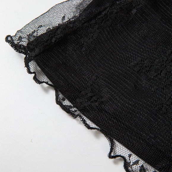 B204 Black Lace Mesh Crochet Splicing Slim Fit Long Sleeve Blouse - Picture 4 of 5